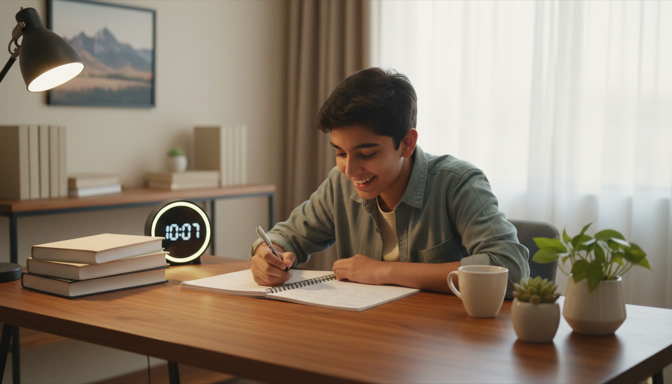 Photo Idea : A focused student at a tidy desk with a clock, three textbooks labeled Physics, Chemistry, Mathematics, and a notebook for practice problems