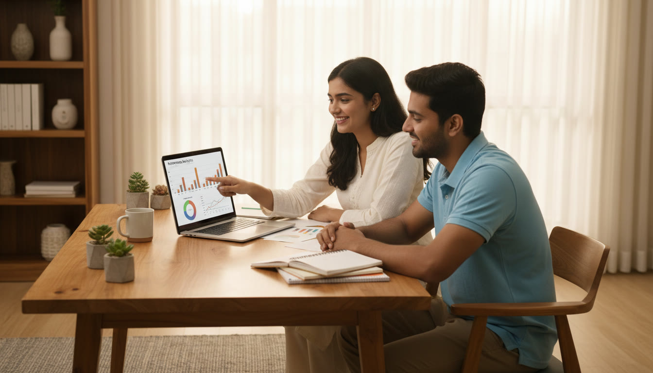 Photo Idea : A tutor and student reviewing typed mock-test performance analytics on a laptop at a study desk