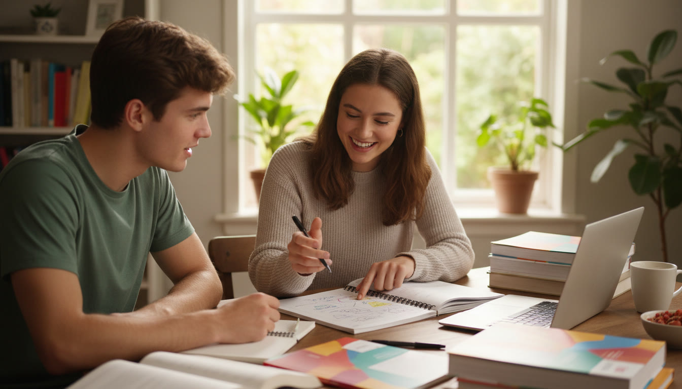Photo Idea : student at a study desk surrounded by notebooks and IB subject guides, explaining ideas to a friend