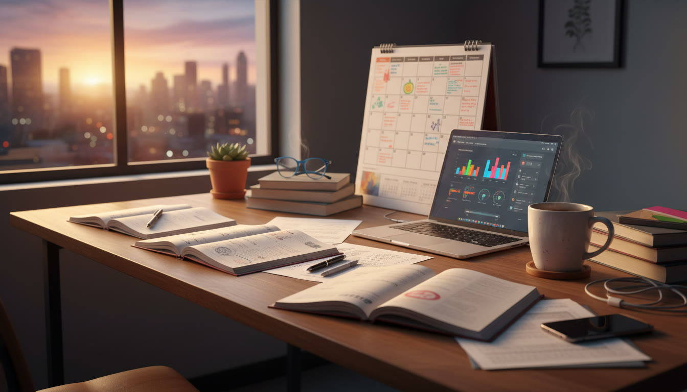 Photo Idea : Student desk with scattered notebooks, calendar, laptop, and a coffee mug, evening light