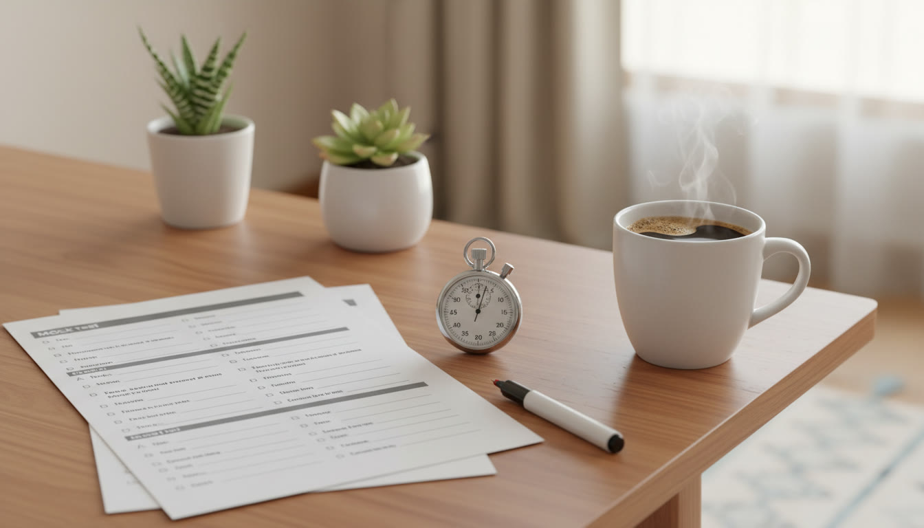 Photo Idea : A neat desk with a printed mock test, stopwatch, and correction pen beside a cup of coffee