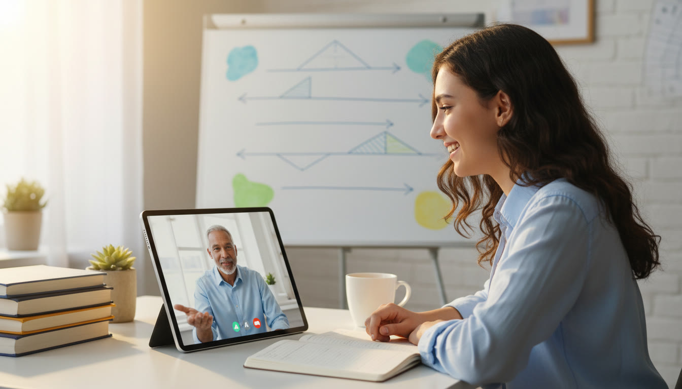 Photo Idea : A student in a virtual tutoring session with a mentor, a whiteboard showing a subject-plan timeline