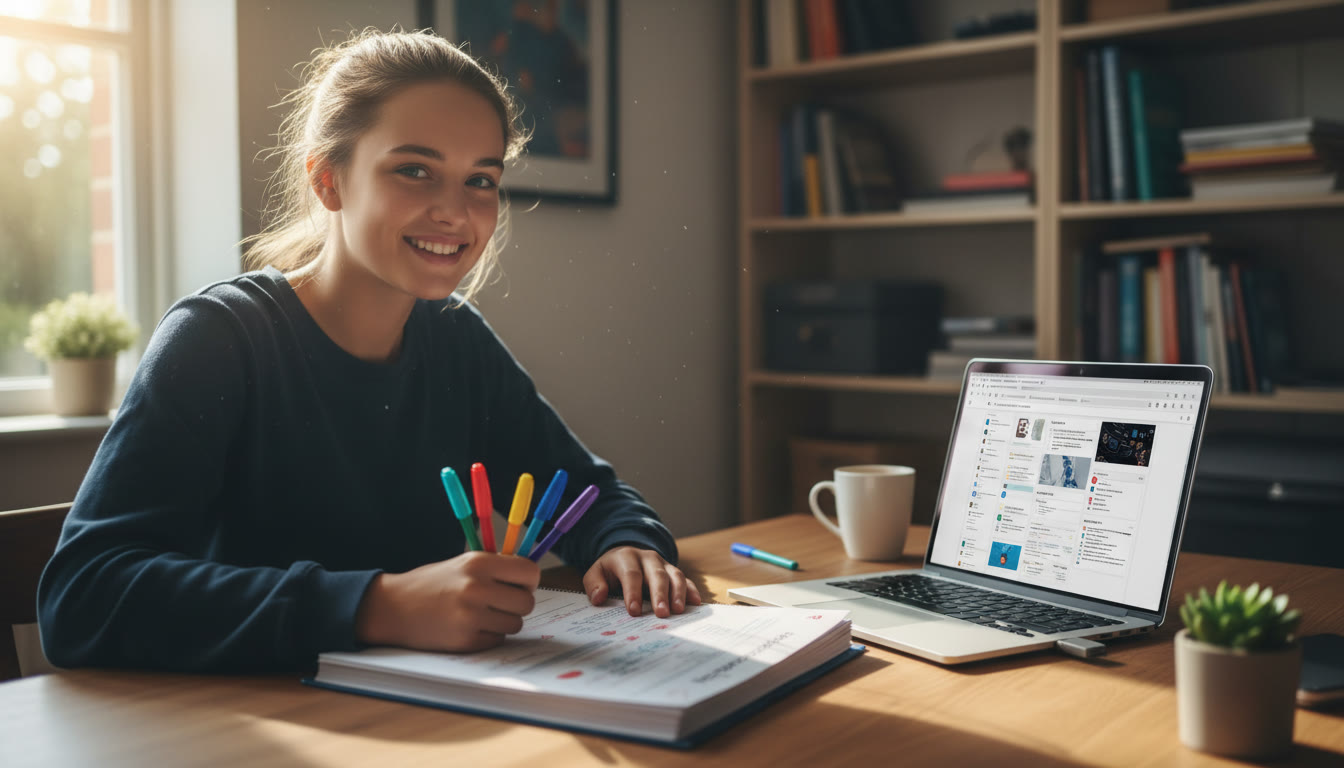 Photo Idea : A student at a desk annotating an Extended Essay with colored pens and a laptop open to research notes