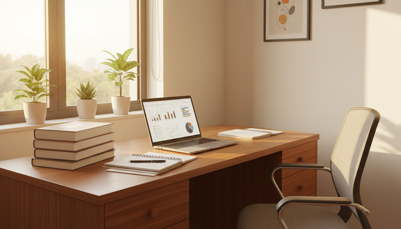 Photo Idea : A student at a tidy desk with school textbooks, NEET notes, and a laptop, morning sunlight streaming in.