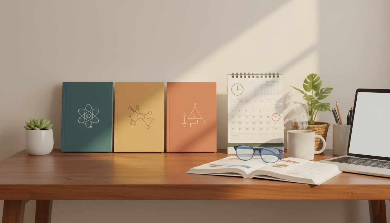 Photo Idea : A neat desk with three labeled notebooks for Physics, Chemistry, and Mathematics and a calendar showing a mock-test day