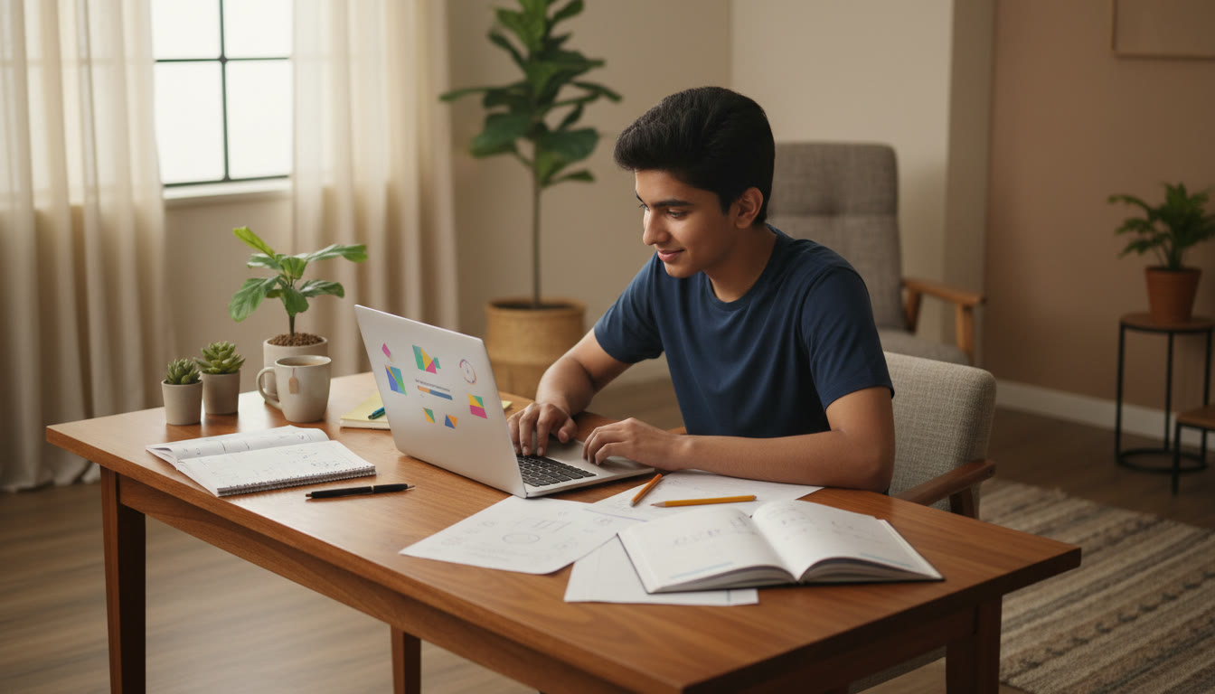 Photo Idea : A focused student taking a full-length mock test on a laptop with a visible countdown timer and scattered notes