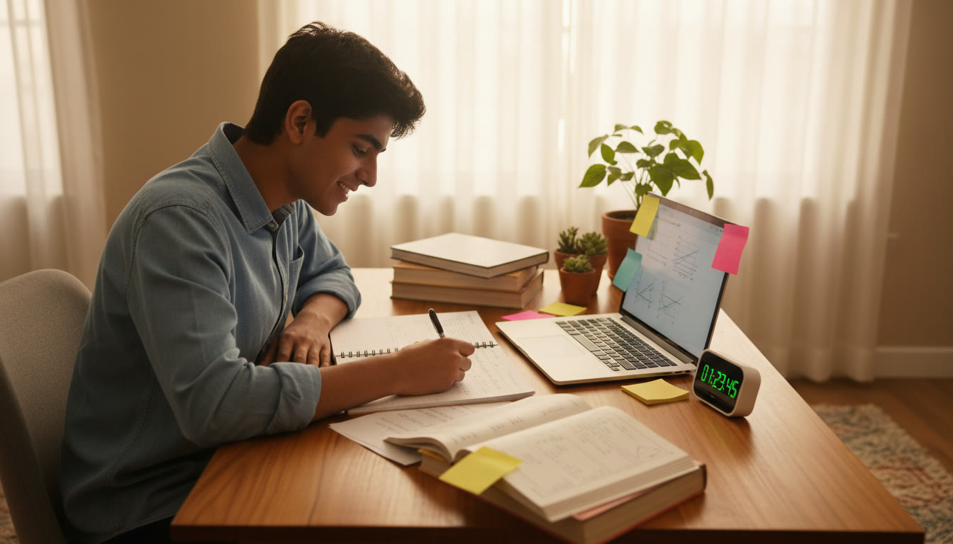 Photo Idea : A focused student solving problems at a desk with open notes and a laptop, sticky notes and a timer on the desk