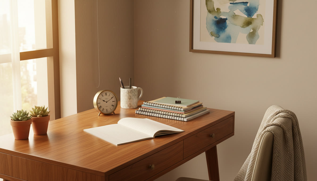 Photo Idea : A calm study desk with an open answer sheet, neatly organized notes, and a clock showing study time