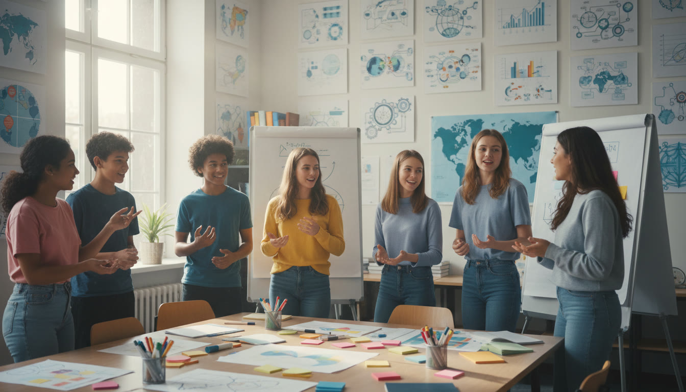 Photo Idea : Students in a classroom having a lively policy debate with posters and sticky notes