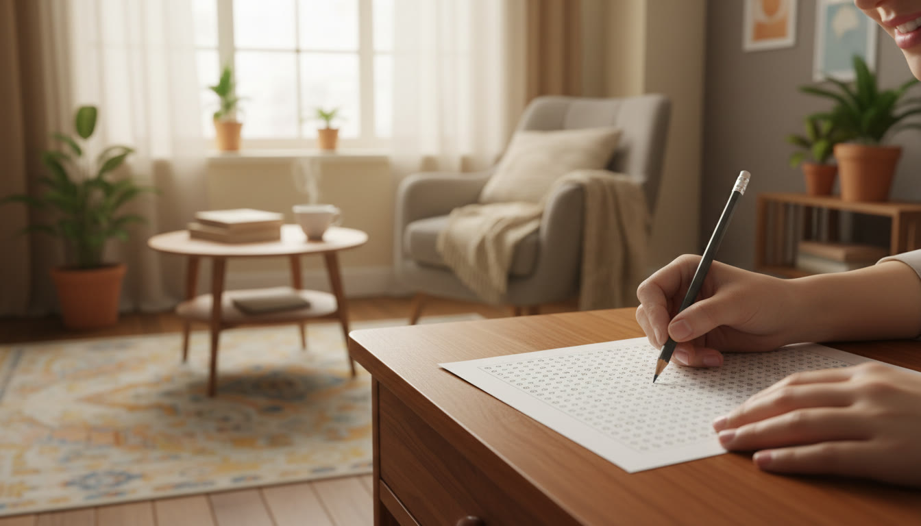 Photo Idea : Close-up of a hand filling an OMR sheet with a pencil and a calm study setup in the background