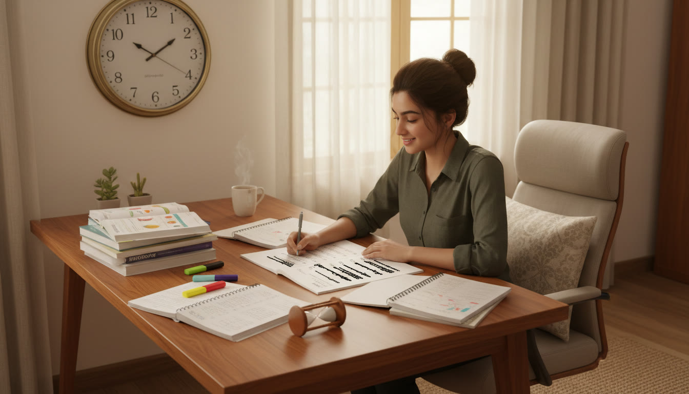 Photo Idea : A focused student at a desk surrounded by NEET study materials, a clock showing exam-time and a mock test paper