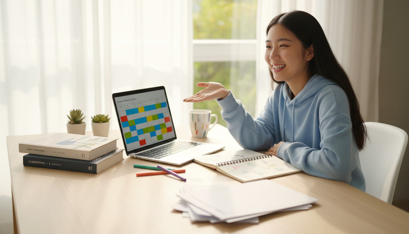 Photo Idea : A student at a tidy desk with open IB textbooks, past papers, and a laptop showing a colour-coded study plan