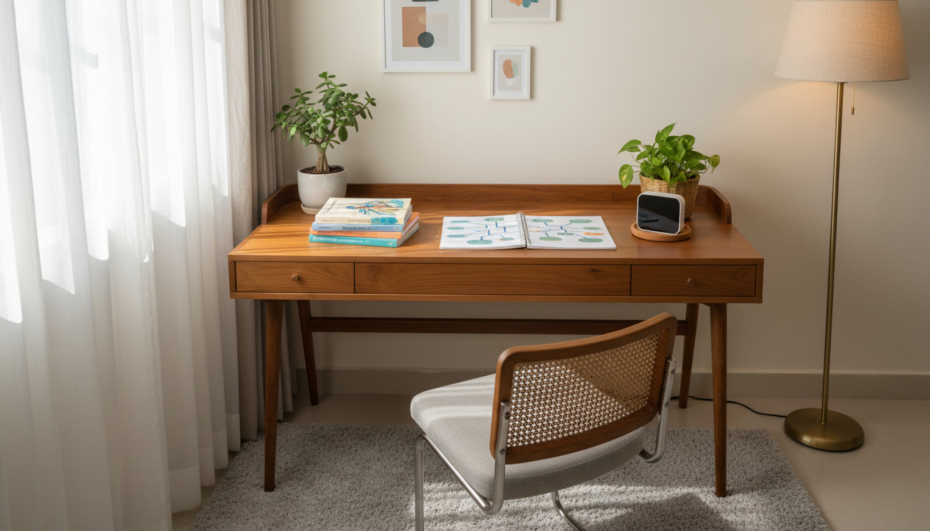 Photo Idea : A calm study corner with neatly arranged textbooks, a notebook open to concept maps, and a digital timer