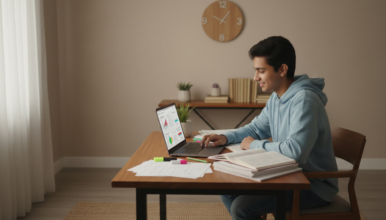 Photo Idea : A focused student at a desk with notes, a laptop showing a practice test interface, and a clock in the background