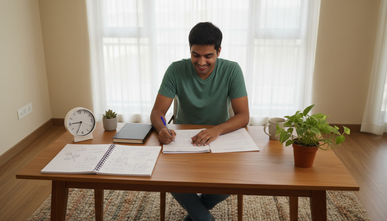 Photo Idea : A focused student at a tidy desk with a clock, notebooks and MCQ sheets