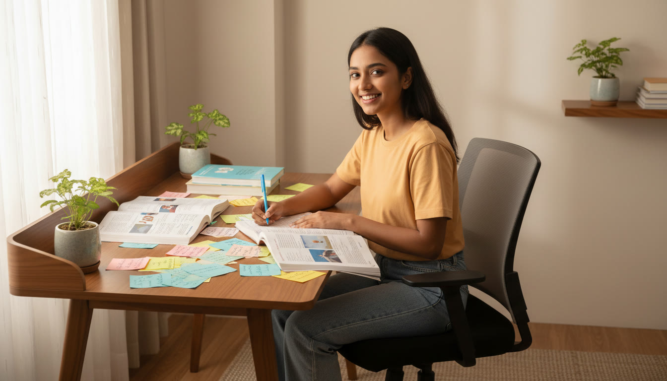Photo Idea : Student with open textbooks and colourful notes spread on a study desk, solving a problem with a pen in hand