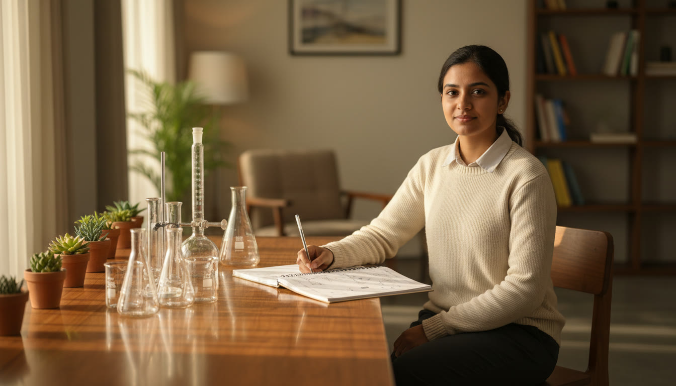 Photo Idea : Student calmly revising at a lab bench with a neatly open record and arranged glassware