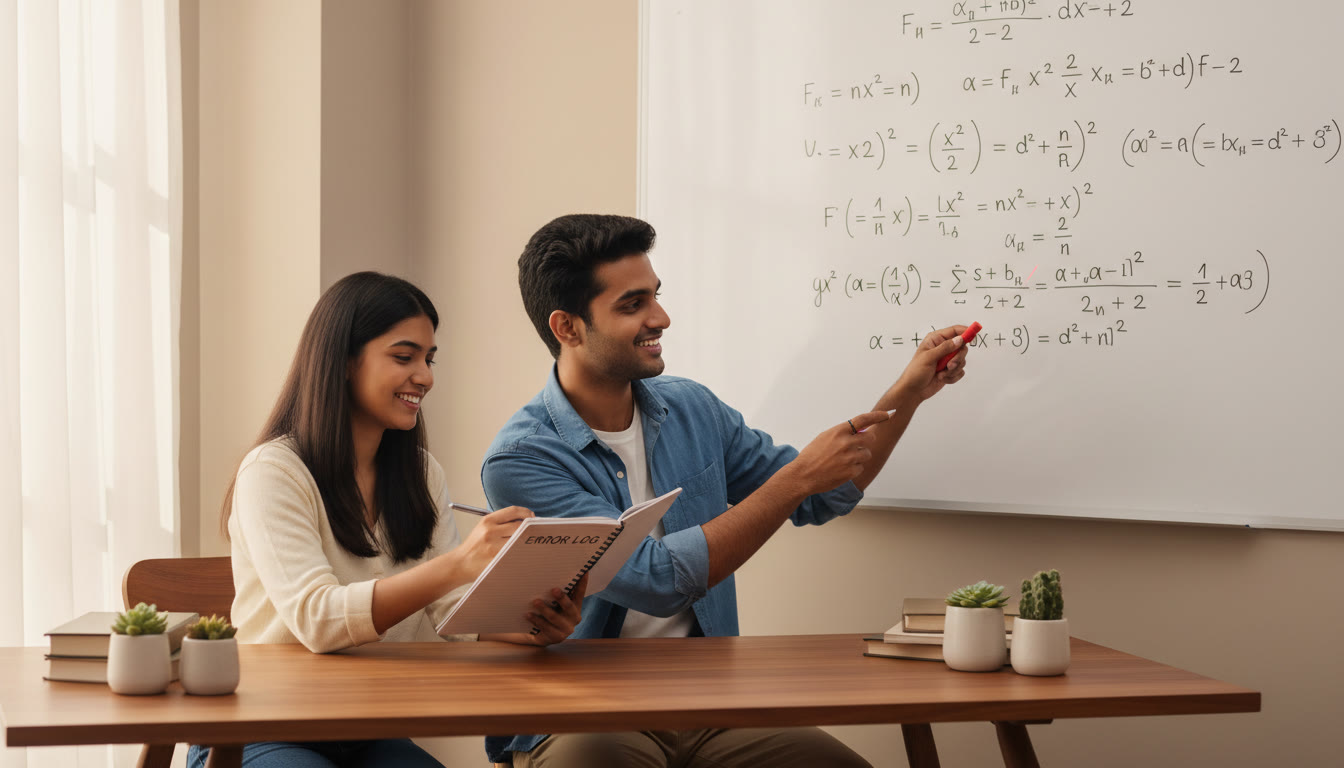 Photo Idea : A tutor reviewing a student’s error log and pointing at a whiteboard with formulas