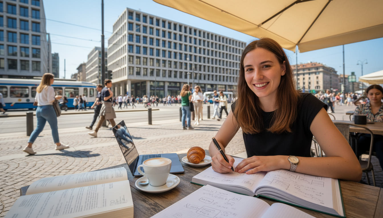 Photo Idea : A student studying at a café in Milan with Bocconi campus visible in the background