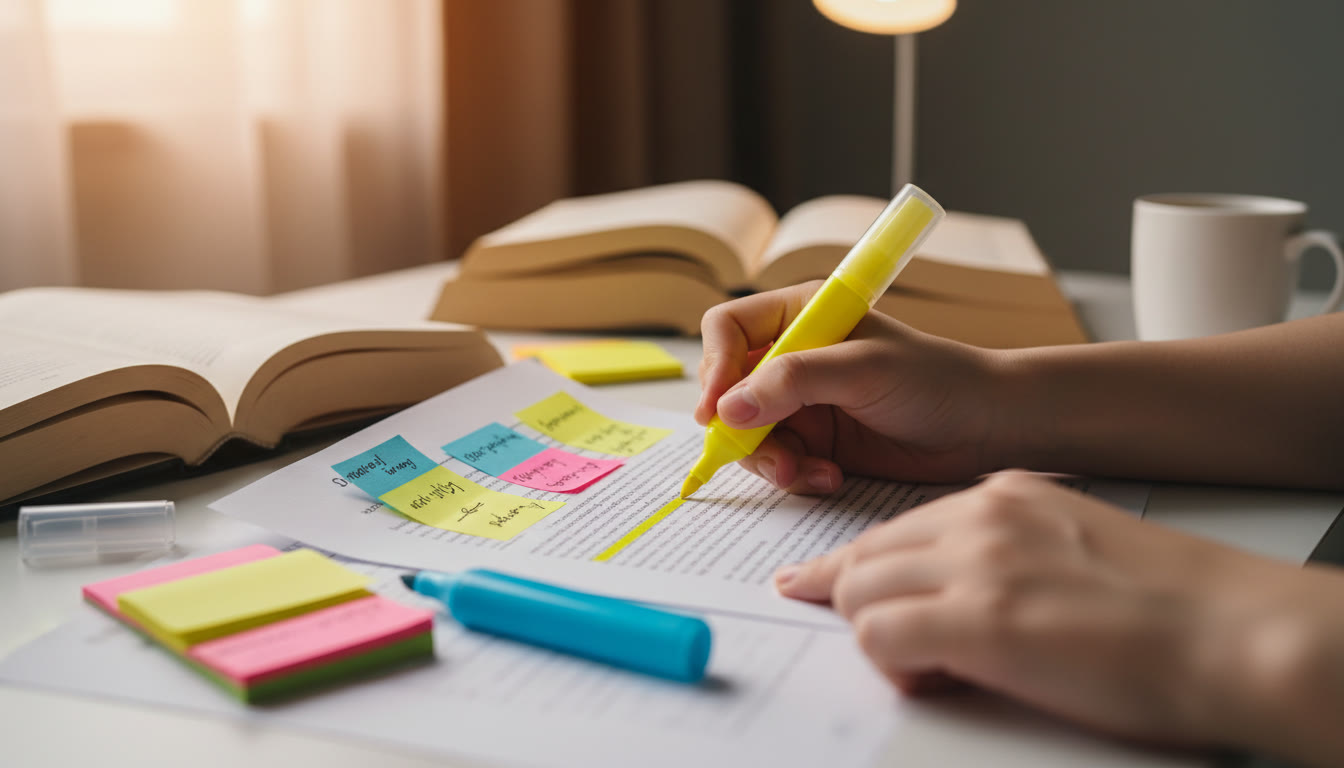 Photo Idea : Close-up of student hands annotating an Extended Essay draft with sticky notes and highlighters