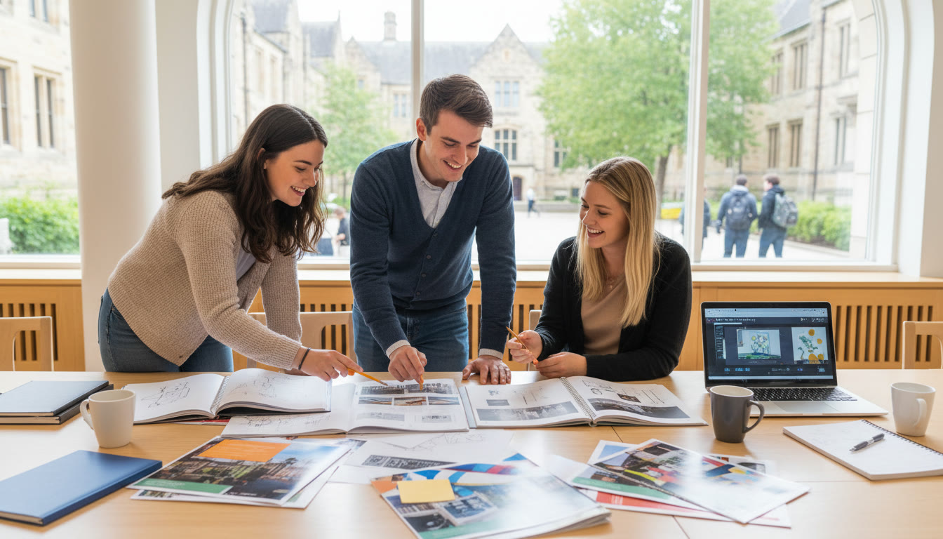 Photo Idea : Three students discussing portfolios and university brochures around a table