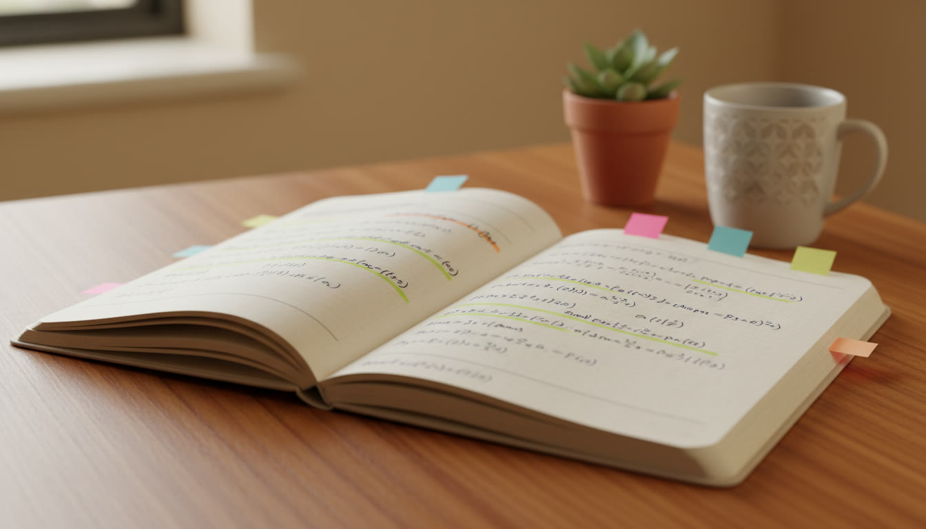 Photo Idea : A close-up of a notebook with neatly written physics derivations, formulas highlighted, and sticky-note flags