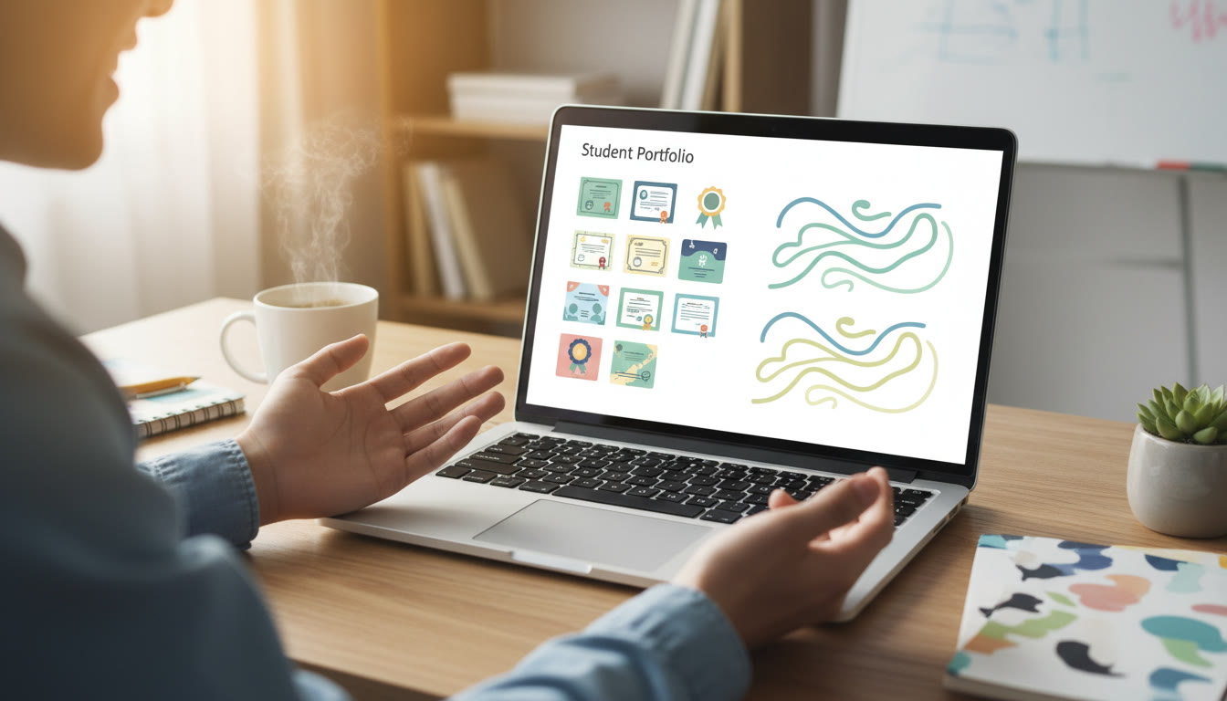 Photo Idea : Open laptop displaying a clean digital student portfolio with certificates and reflection notes visible