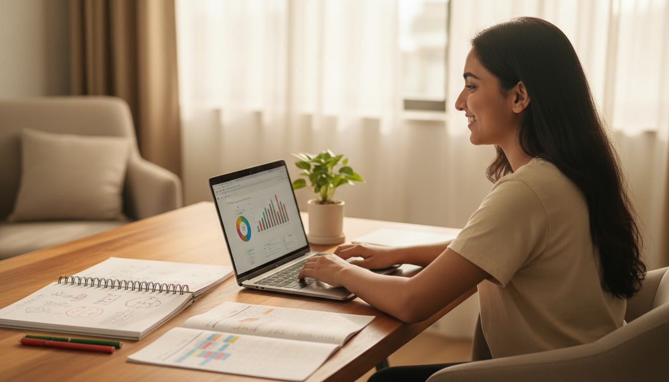 Photo Idea : Student at a tidy desk with a laptop, notebooks, and a printed timetable, smiling while planning