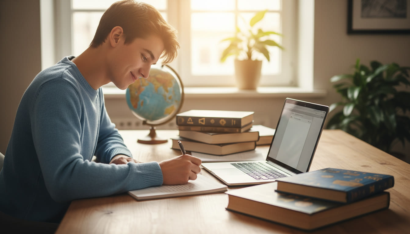 Photo Idea : A focused student at a desk writing application essays with IB textbooks and a laptop nearby