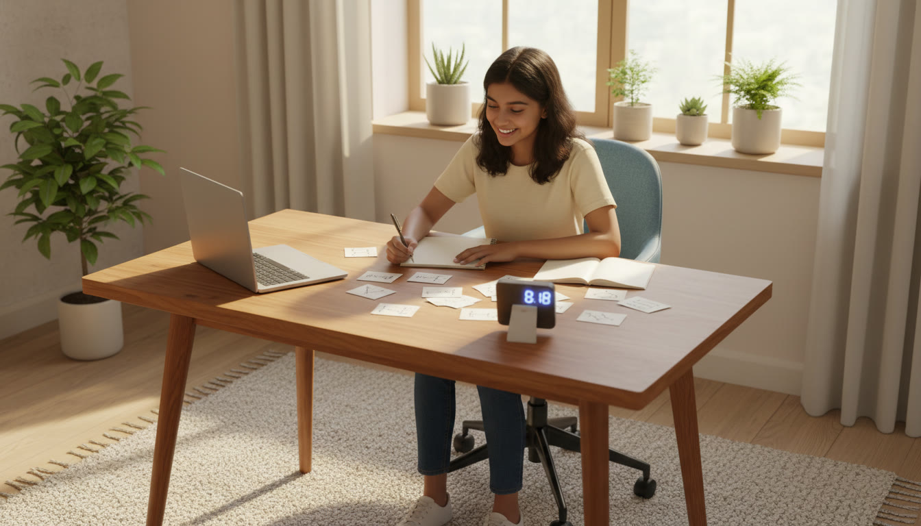 Photo Idea : Student at a desk practicing with a timer and scattered revision cards