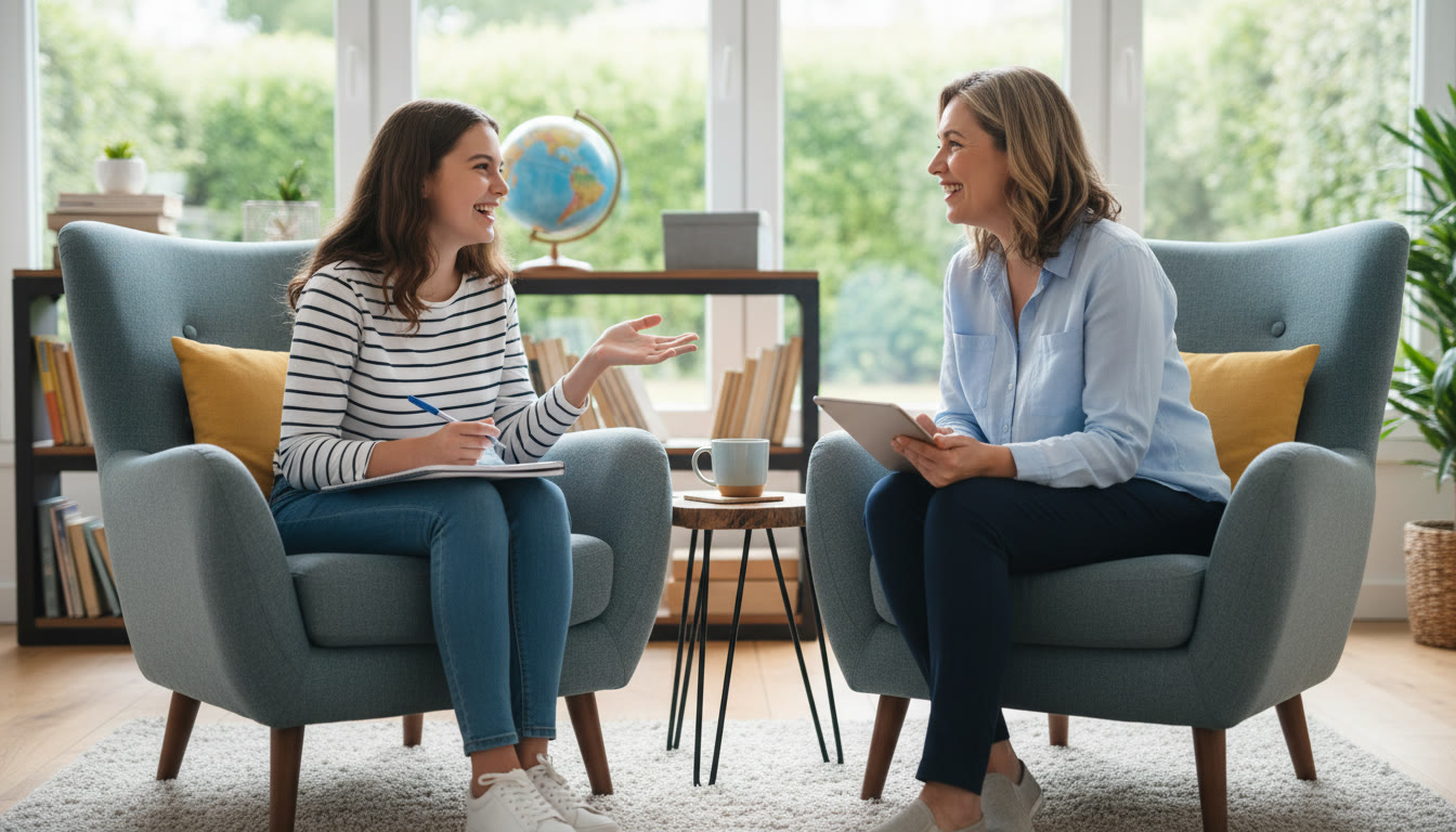 Photo Idea : a teenager doing a mock interview with a parent, both relaxed and smiling