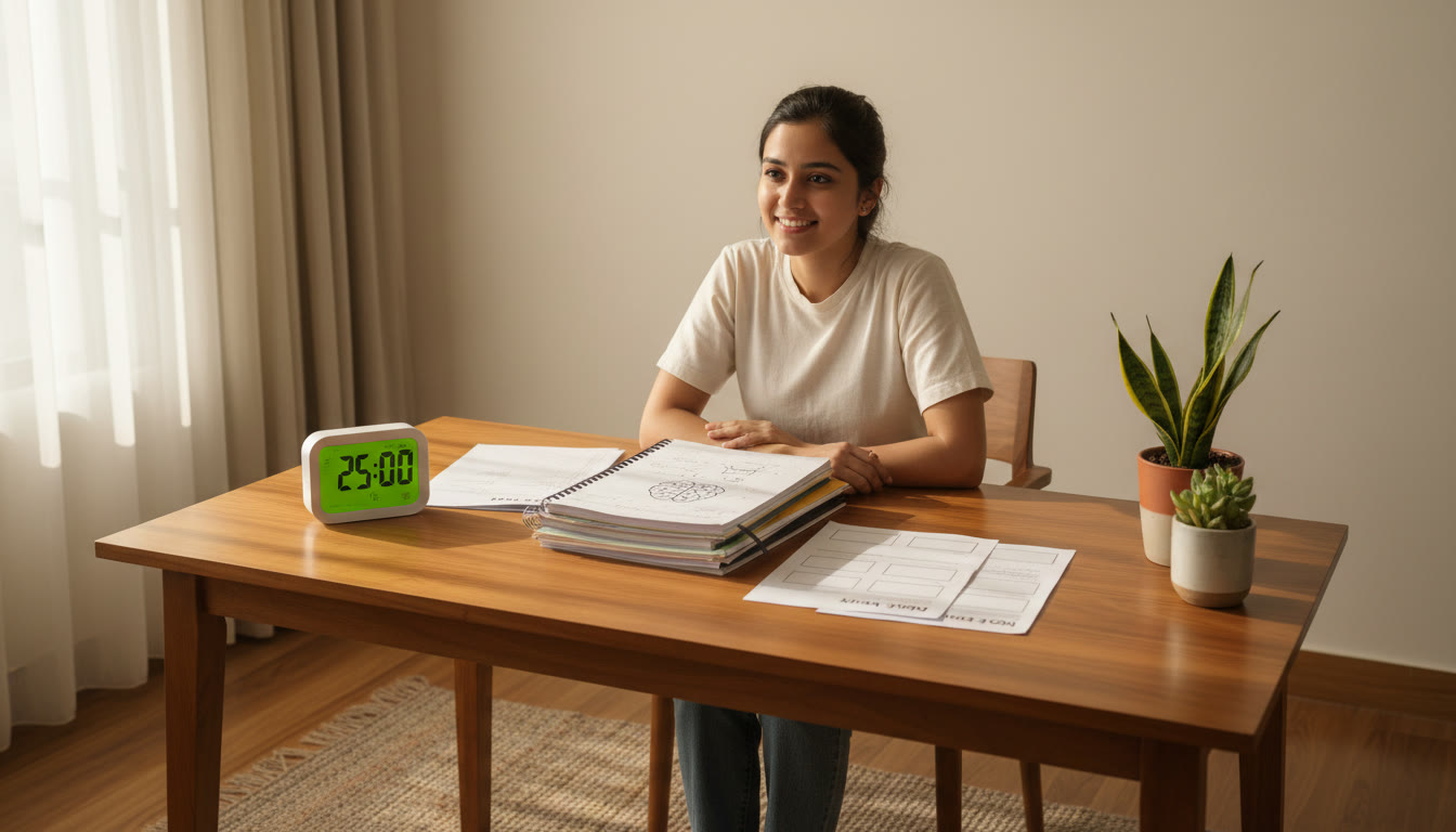Photo Idea : A focused student at a tidy desk with a timer, notebooks, and a printed mock paper