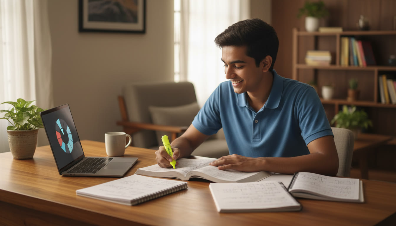 Photo Idea : Student with an open NCERT Physics book, highlighter in hand, surrounded by neatly written notes and a laptop showing a mock test timer