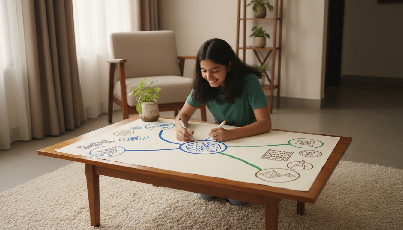 Photo Idea : A student drawing a mind map linking science, maths and history topics on a large sheet