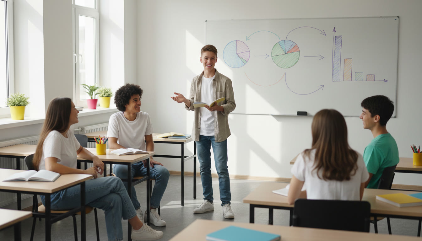 Photo Idea : A student presenting a small impact report to a group of peers in a classroom, with charts visible on a whiteboard.