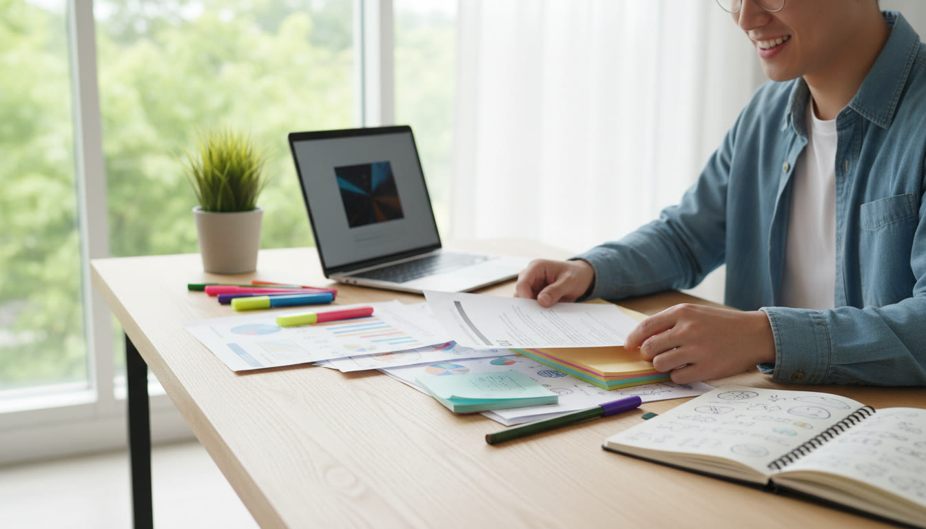 Photo Idea : Student arranging a neat CV and IB notes on a tidy desk
