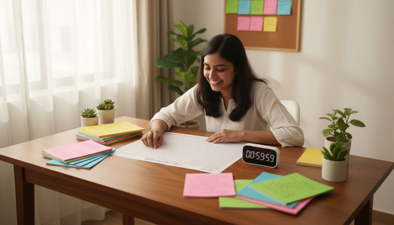 Photo Idea : Student at a tidy desk surrounded by color-coded notes, a mock OMR sheet and a timer
