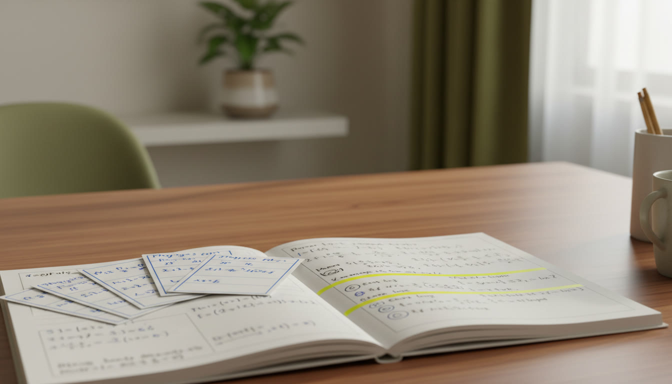 Photo Idea : Close-up of a notebook with formula cards, solved problems, and a highlighted error log
