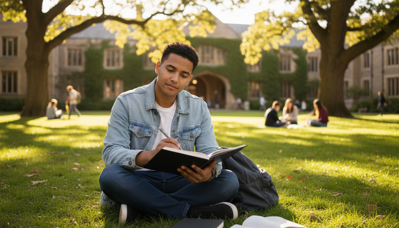 Photo Idea : IB student with notebook on a sunlit campus quad, looking thoughtful