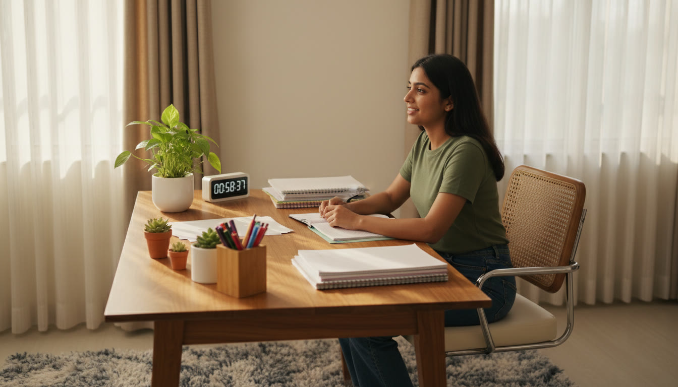 Photo Idea : A student at a desk with a timer, neatly organized notes, and a calm expression