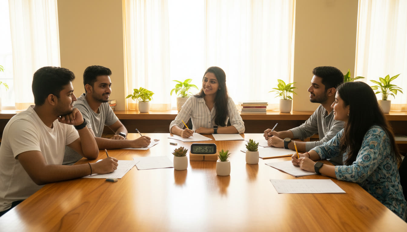 Photo Idea : A calm study group doing a timed mock test together in a bright classroom, watches and answer sheets visible.