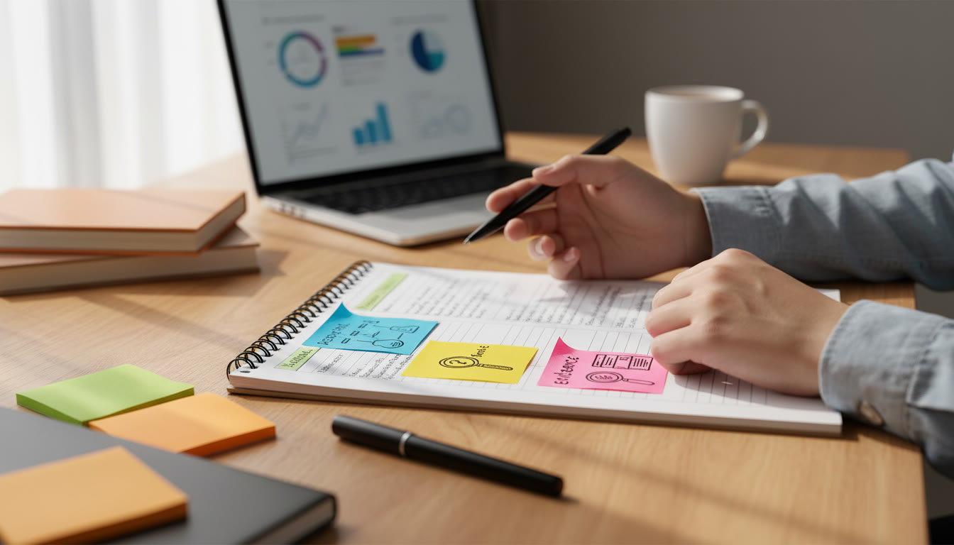 Photo Idea : A student annotating a research draft with TOK sticky notes labeled