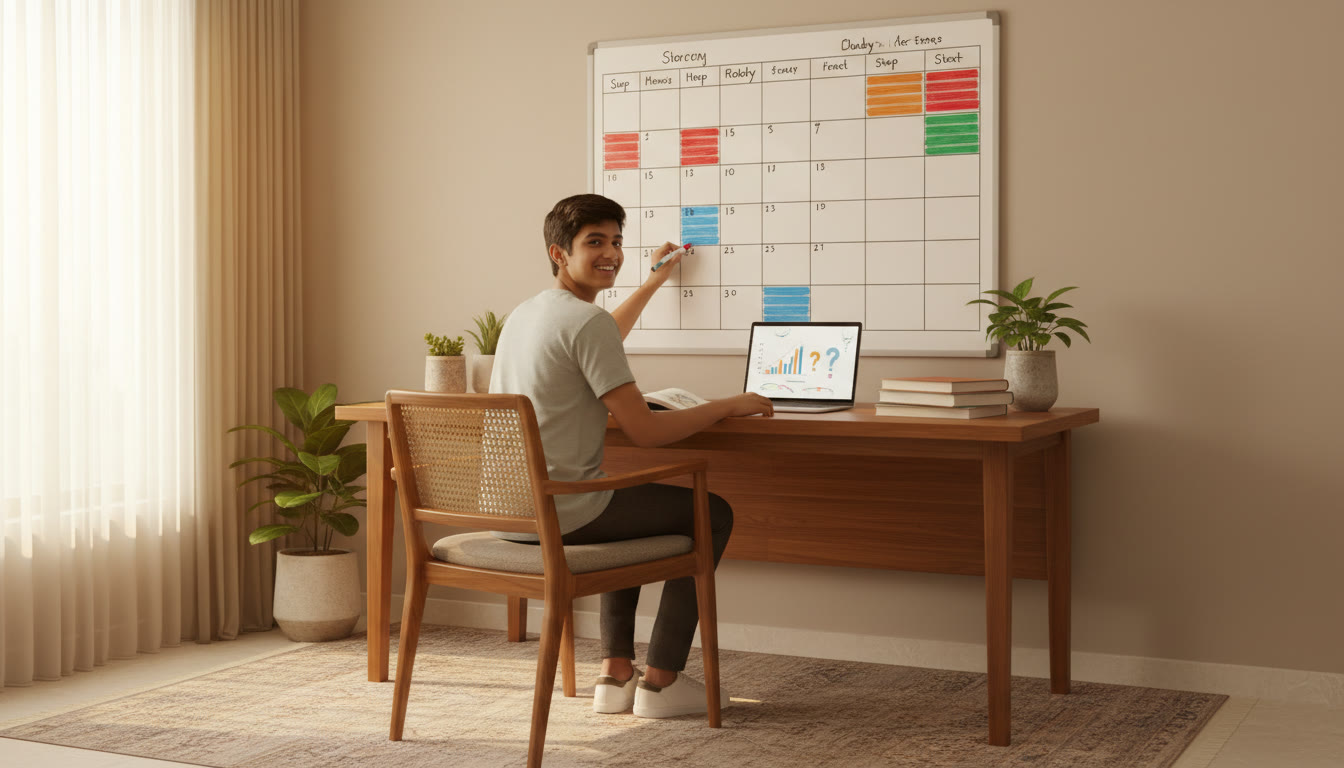 Photo Idea : Student at a bright study table writing a colour-coded timetable, CBSE books and a laptop open to practice papers