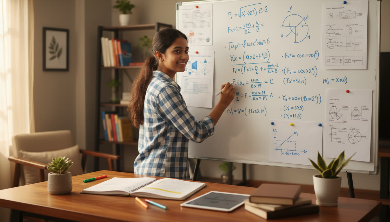Photo Idea : Student writing on a whiteboard with physics derivations, diagrams pinned around, and a notebook open with highlighted notes