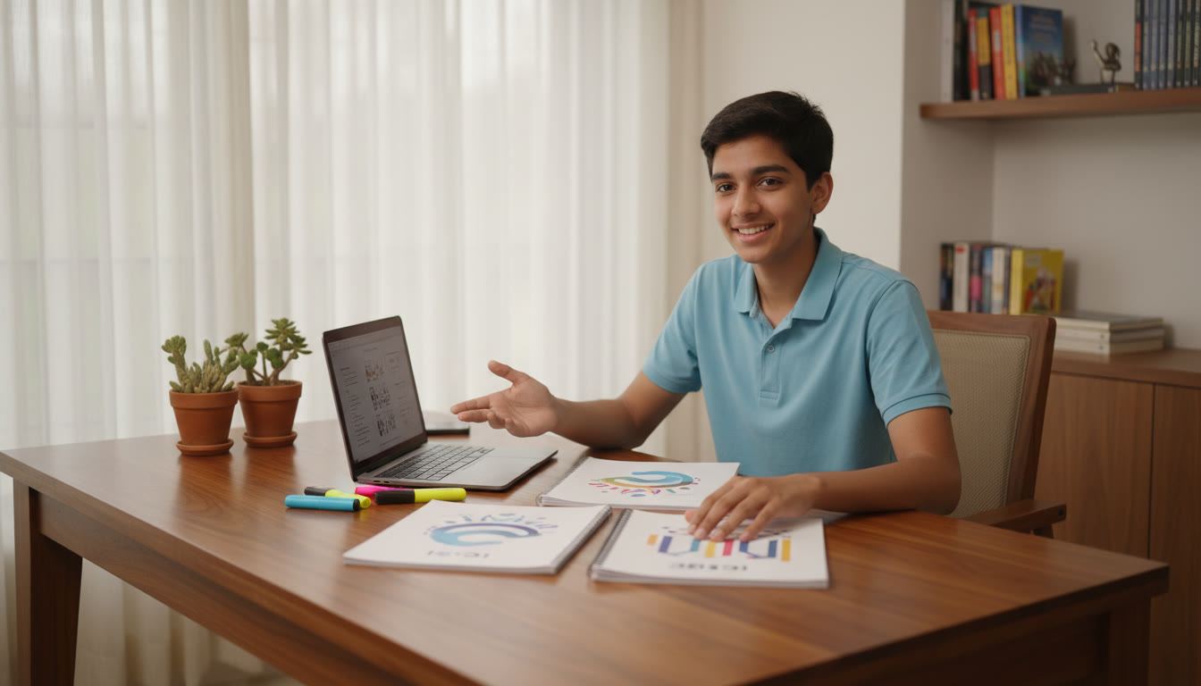 Photo Idea : Student at a desk comparing two open notebooks labeled ICSE and CBSE with a laptop and highlighters nearby