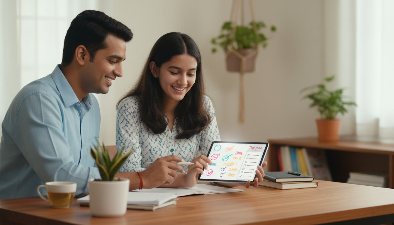 Photo Idea : A student receiving one-on-one tutoring with a tablet showing a marked mock paper and a checklist of topics