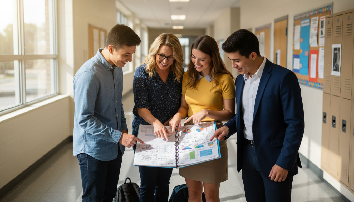 Photo Idea : A small group of IB students and a mentor huddled over a college planning notebook in a sunny school corridor