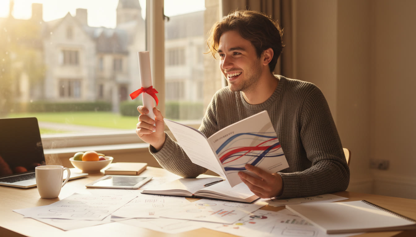 Photo Idea : Student at a study table with an IB diploma and a McGill brochure, mid-application brainstorming