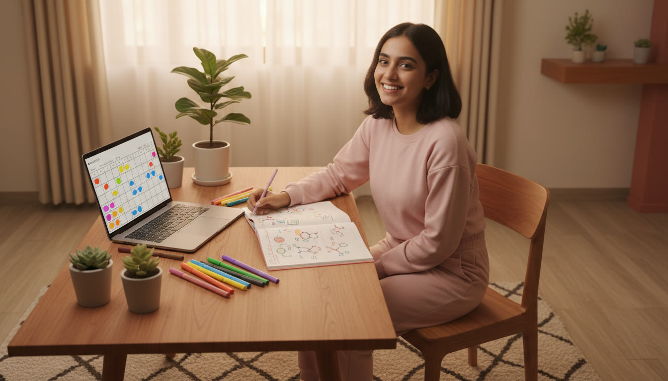 Photo Idea : Student at a study table with an open chemistry notebook, colored markers, and a laptop showing a study timetable