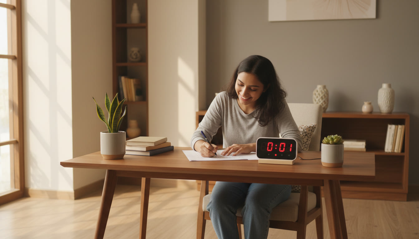 Photo Idea : A focused student practicing OMR filling under a timer in a quiet study room.